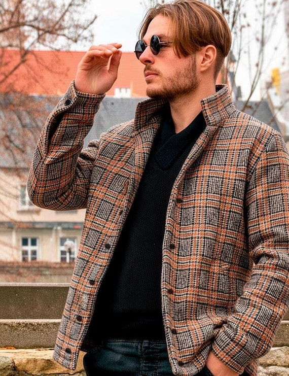 Men's Sheep Wool Plaid Shirt Jacket: Warm Brown Business Casual - Etsy
