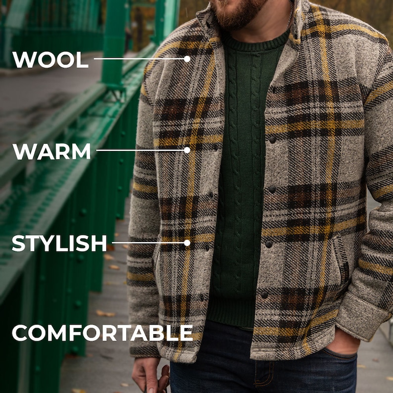 Mens warm jacket for fall and spring. The jacket is sewn from a wool house fabric with a plaid pattern. The wool jacket is very comfortable and classic cut. The jacket is very warm and keeps the wind out.