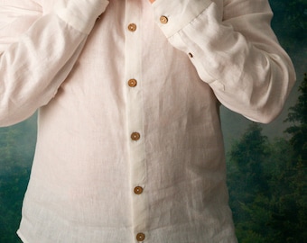 Linen Shirt for Men: Long Sleeve, Coconut Button, Eco Gift
