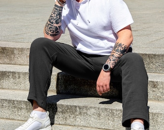 Black Muslin Summer Pants: Men's Breathable Cotton Vacation Trousers
