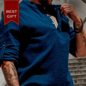 Mens muslin shirt for summer in blue military color. Comfortable mens shirt for summer made of muslin (cotton). A cotton summer shirt is the perfect gift for a father, son, boyfriend or friend.