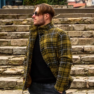 Warm Men&#39;s Wool plaid jacket. Country comfortable warm jacket. Warm plaid button down shirt. Great gift for him. Short Autumn spring jacket