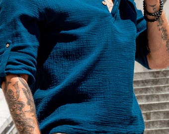 Vacation summer shirt. Lightweight ventilated shirt made of nice eco muslin.  A perfect gift for him.