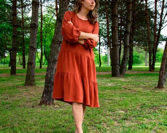 Lightweight ventilated muslin dress in boho style. Provence style cotton dress. Great for vacations and warmer climates.