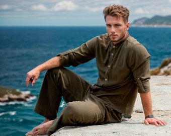 Men's Linen Set: Military Green Shirt & Elastic Waist Pants