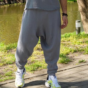100% Cotton Muslin Yoga pants for men, Handmade Men&#39;s Cotton Harem Pants, Fisherman Pants, Wide Leg Unisex Pants, Alibaba Aladin Trousers