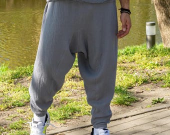 Sarouel en mousseline de coton fait main : pantalon de pêcheur de yoga pour hommes