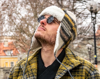 Handmade Wool Aviator Hat with Fleece Lining, Winter Earflap Cap