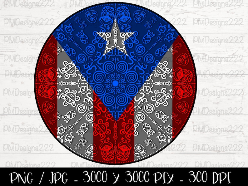 May include: A circular design featuring the Puerto Rican flag colors, red, white, and blue, with intricate patterns and symbols. The design is surrounded by a gray border.