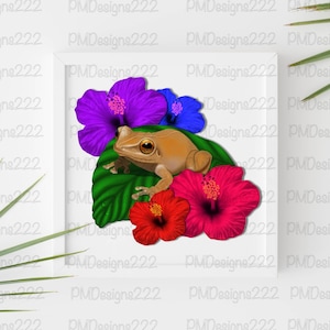 May include: A brown frog sitting on a green leaf with pink, purple and blue hibiscus flowers.