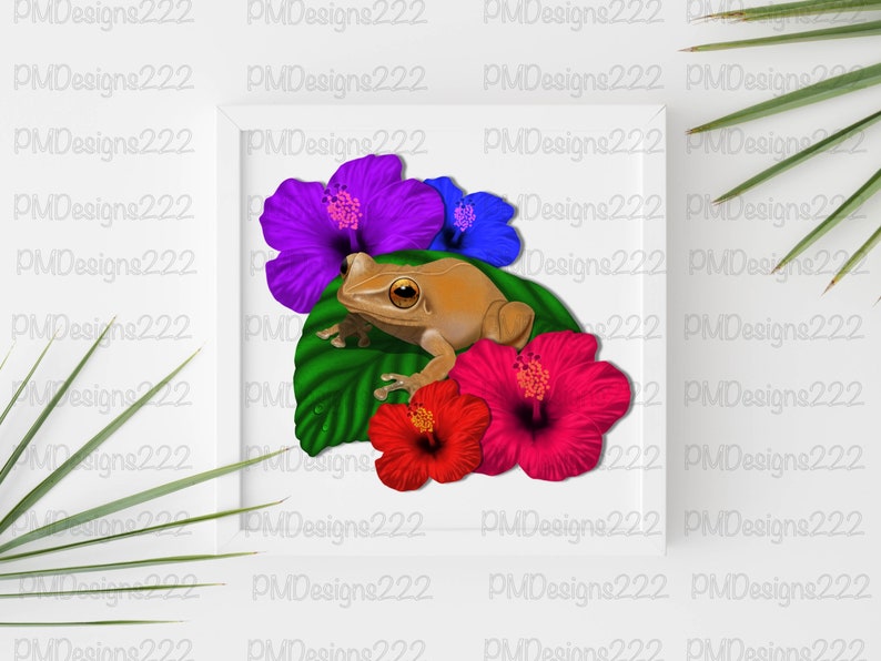 May include: A brown frog sitting on a green leaf with pink, purple and blue hibiscus flowers.
