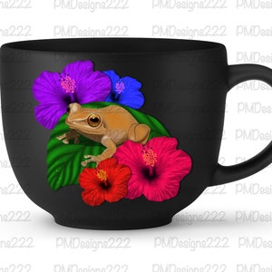 May include: A black ceramic mug with a handle features a brown frog sitting on a green leaf with pink, purple, and blue hibiscus flowers.