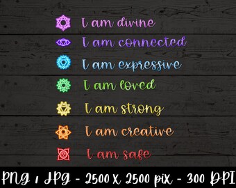 Afirmaciones de chakras, palabras de afirmación, afirmaciones diarias, arte mural de afirmaciones, póster imprimible de chakras - descarga digital imprimible