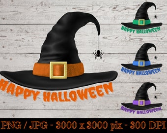 Kapelusz czarownicy png, Wesołego Halloween png, pakiet clipartów kapelusz czarownicy, clipart Halloween, wydruk kapelusza czarownicy, cyfrowa sztuka kapelusza czarownicy na wystrój Halloween