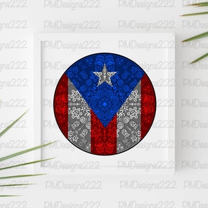 May include: A circular design featuring the Puerto Rican flag colors, red, white, and blue, with a white star in the center. The design is surrounded by a white border and a gray background with intricate patterns.