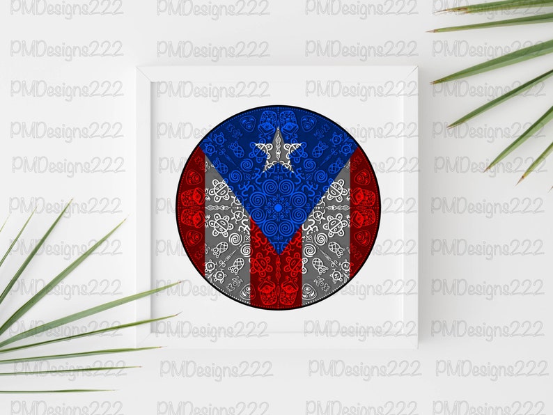 May include: A circular design featuring the Puerto Rican flag colors, red, white, and blue, with a white star in the center. The design is surrounded by a white border and a gray background with intricate patterns.