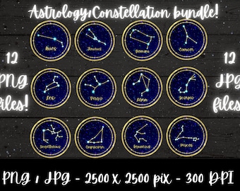 Paquete de astrología, paquete de constelaciones, signos del horóscopo, signos del zodíaco (PNG, JPG) - descargas digitales imprimibles