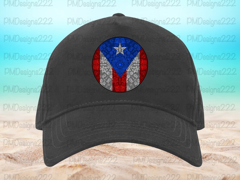 May include: A black baseball cap with a white, red, and blue Puerto Rican flag design in the center. The flag design is surrounded by a white floral pattern.
