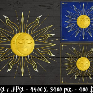 Zon en maan PNG, zon en maan kunst aan de muur, zon en maan-illustraties, zon png, maan png, zon en maan afdrukbaar, maan en zon - digitale download