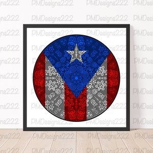 May include: A framed print of a circular design featuring the colors of the Puerto Rican flag. The design is a mandala with intricate patterns and swirls in red, white, and blue.