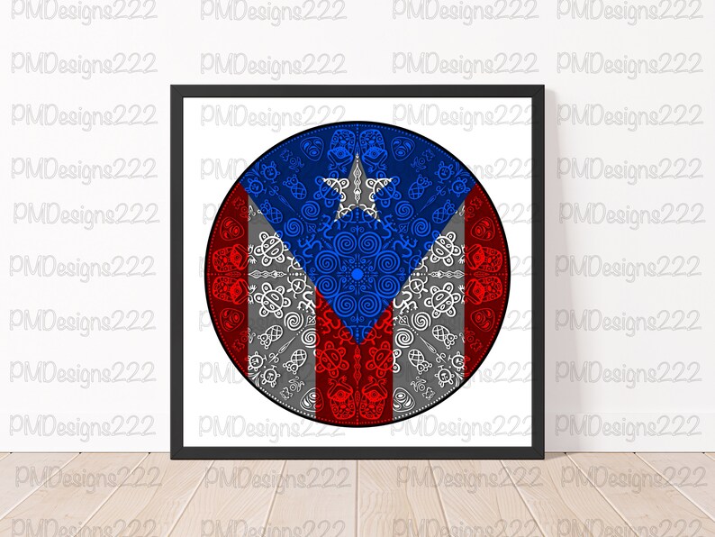 May include: A framed print of a circular design featuring the colors of the Puerto Rican flag. The design is a mandala with intricate patterns and swirls in red, white, and blue.