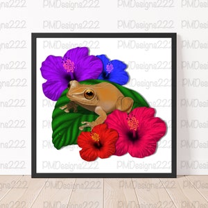 May include: A brown tree frog sits on a green leaf with vibrant pink, purple, and blue hibiscus flowers. The frog is facing the right side of the image.