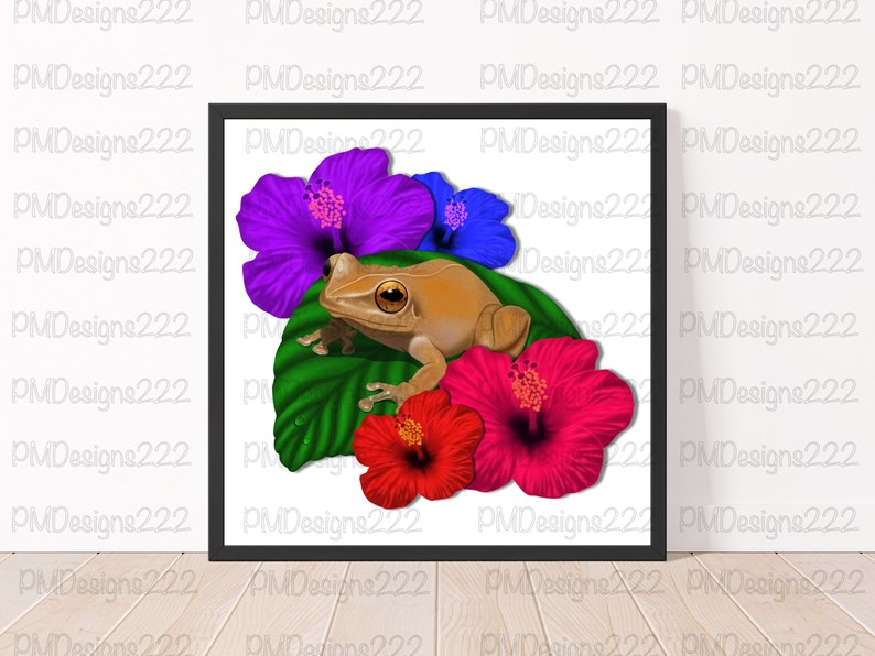 May include: A brown tree frog sits on a green leaf with vibrant pink, purple, and blue hibiscus flowers. The frog is facing the right side of the image.