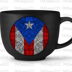 May include: A black ceramic mug with a circular design featuring the Puerto Rican flag. The flag is surrounded by a white, gray, and red pattern.