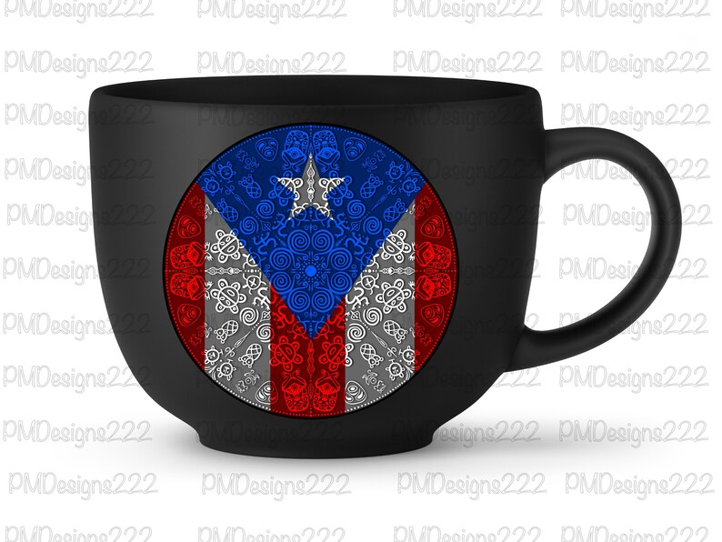 May include: A black ceramic mug with a circular design featuring the Puerto Rican flag. The flag is surrounded by a white, gray, and red pattern.