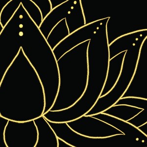 Puede incluir: Ilustraci&oacute;n floral en negro y dorado. La imagen presenta una flor de loto estilizada con contornos y acentos dorados sobre un fondo negro. Los p&eacute;talos tienen peque&ntilde;os puntos dorados.
