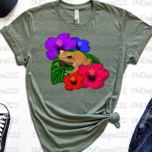 May include: A green t-shirt featuring a brown frog sitting on a green leaf with pink, purple and blue hibiscus flowers.