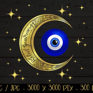 Evil eye Gold crescent moon png , evil eye wall art, empath protection, protect your energy,  evil eye sublimation graphic, evil eye moon