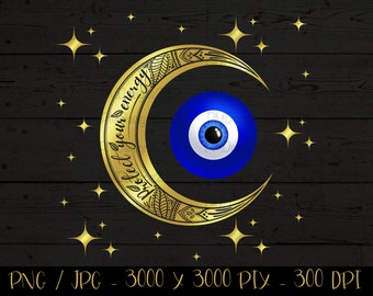 Luna creciente dorada de mal de ojo png, arte de pared de mal de ojo, protección de la empatía, protege tu energía, gráfico de sublimación de mal de ojo, luna de mal de ojo