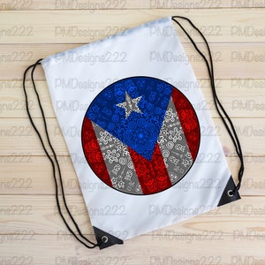 May include: White drawstring bag with a circular design of the Puerto Rican flag. The flag is red, white, and blue with a five-pointed star in the center. The design is surrounded by a gray circle with white and red swirls.