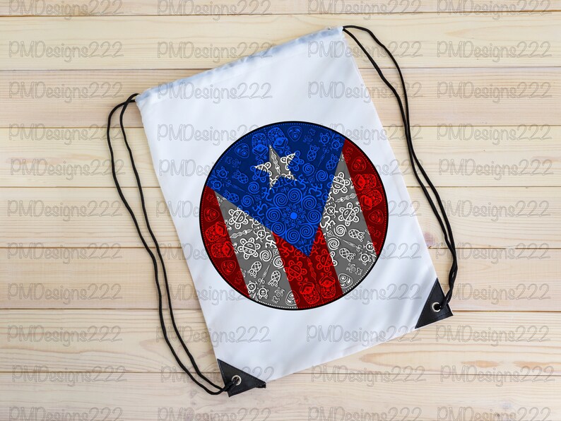 May include: White drawstring bag with a circular design of the Puerto Rican flag. The flag is red, white, and blue with a five-pointed star in the center. The design is surrounded by a gray circle with white and red swirls.