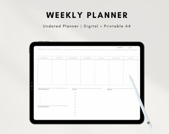 May include: A digital weekly planner on a tablet screen. The planner has sections for Monday through Sunday, top priorities, to-do list, and notes. The text "INSTANT DOWNLOAD" is on a button below the planner.