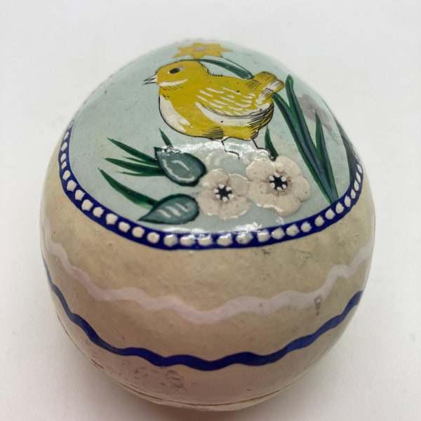 Vintage Lacquered Hand Painted Egg Shaped Trinket Pot Featuring an Easter Scene