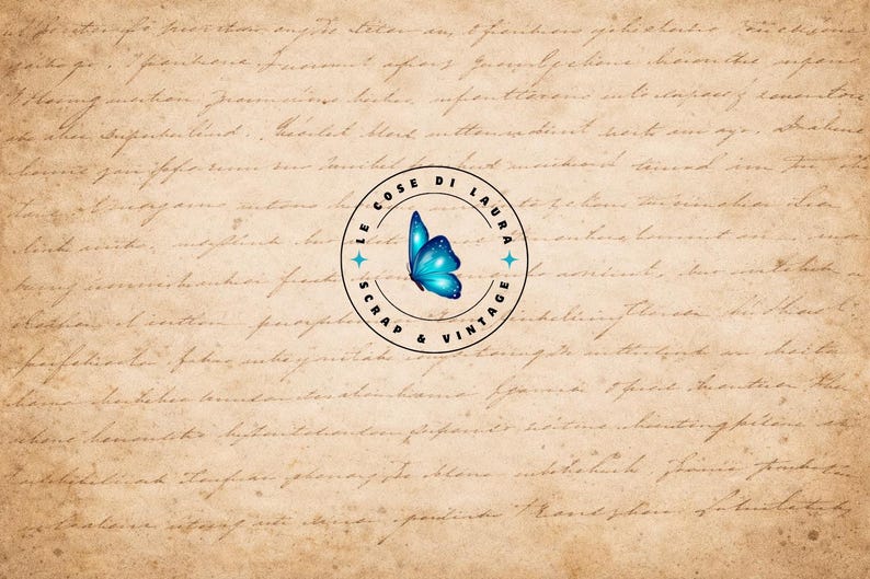 May include: A vintage-style background with handwritten script and a circular logo. The logo features a blue butterfly and the text "LE COSE DI LAURA SCRAP & VINTAGE" in a black circle with teal star accents. The background is a sepia tone.