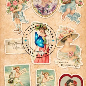 May include: A collection of vintage-style Valentine's Day themed ephemera. The images include cherubs, floral arrangements, and portraits of women. Text includes "Love's Message to Valentine" and "St. Valentine Remembers You".