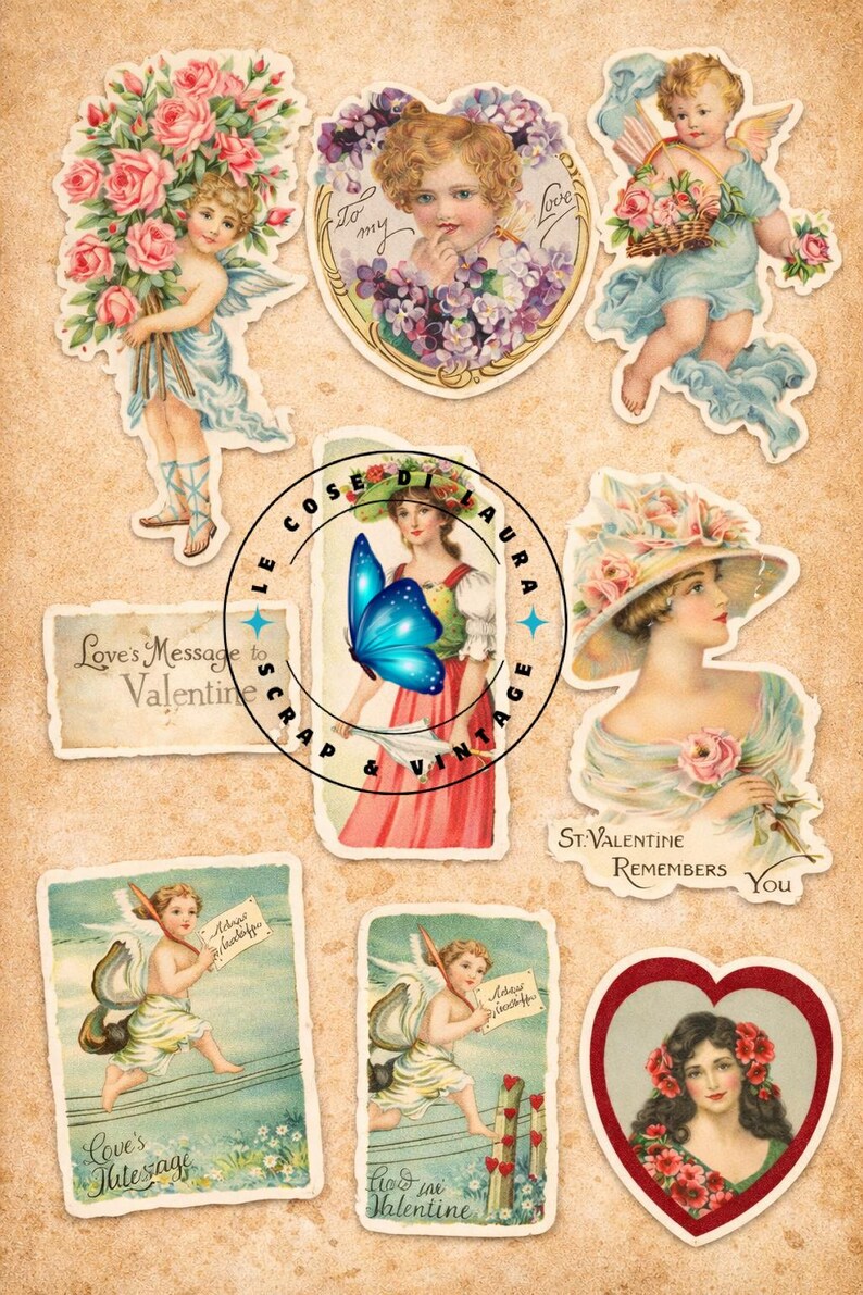 May include: A collection of vintage-style Valentine's Day themed ephemera. The images include cherubs, floral arrangements, and portraits of women. Text includes "Love's Message to Valentine" and "St. Valentine Remembers You".