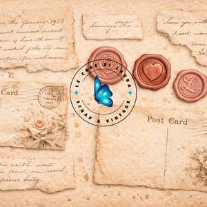 May include: Vintage-style collage featuring aged paper elements. Includes postcards with floral designs and stamps, handwritten notes, and wax seals. The text includes phrases like "love you with" and "Post Card."