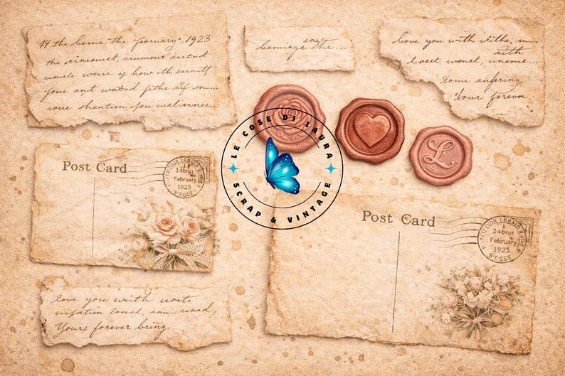 May include: Vintage-style collage featuring aged paper elements. Includes postcards with floral designs and stamps, handwritten notes, and wax seals. The text includes phrases like "love you with" and "Post Card."