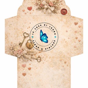 May include: A vintage-style envelope with a distressed beige background, adorned with floral arrangements, hearts, and keys. The center features a circular logo with a blue butterfly and the text "LE COSE DI LAURA SCRAP & VINTAGE."
