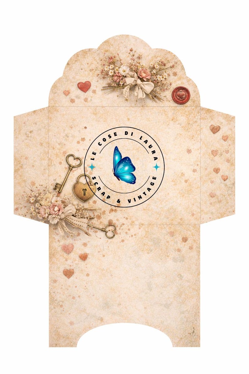 May include: A vintage-style envelope with a distressed beige background, adorned with floral arrangements, hearts, and keys. The center features a circular logo with a blue butterfly and the text "LE COSE DI LAURA SCRAP & VINTAGE."