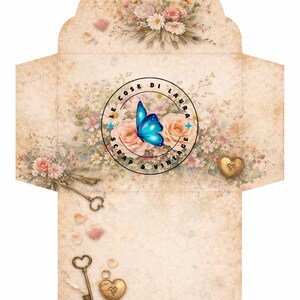 May include: A vintage-style envelope with a floral design and a butterfly illustration. The envelope features a circular logo with text and a heart-shaped charm. Keys and heart-shaped confetti are also included.