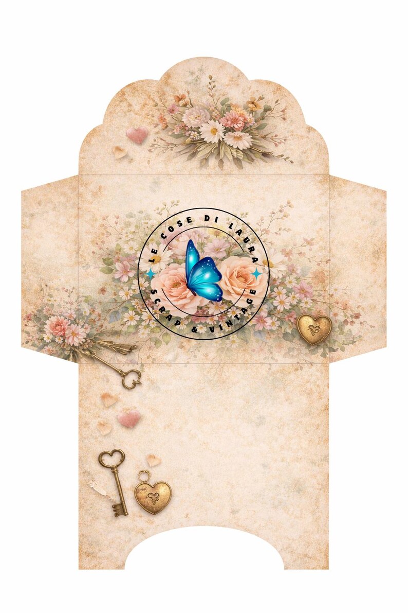 May include: A vintage-style envelope with a floral design and a butterfly illustration. The envelope features a circular logo with text and a heart-shaped charm. Keys and heart-shaped confetti are also included.
