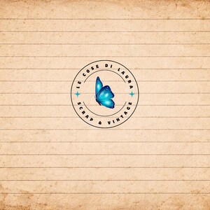 May include: A vintage-style background with horizontal lines and a distressed look. A circular logo in the center features a blue butterfly and the text "LE COSE DI LAURA SCRAP & VINTAGE".