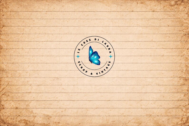 May include: A vintage-style background with horizontal lines and a distressed look. A circular logo in the center features a blue butterfly and the text "LE COSE DI LAURA SCRAP & VINTAGE".