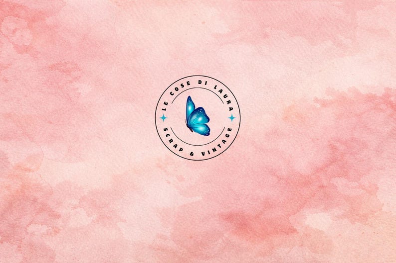 May include: A logo featuring a blue butterfly inside a circular frame with the text "LE COSE DI LAURA SCRAP & VINTAGE" in black. The background is a watercolor wash of pink and peach.