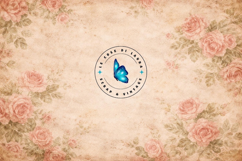 May include: Vintage-style background with a floral pattern of pink roses and green leaves. A circular logo in the center features a blue butterfly and the text "LE COSE DI LAURA SCRAP & VINTAGE". The overall design has a faded, aged appearance.
